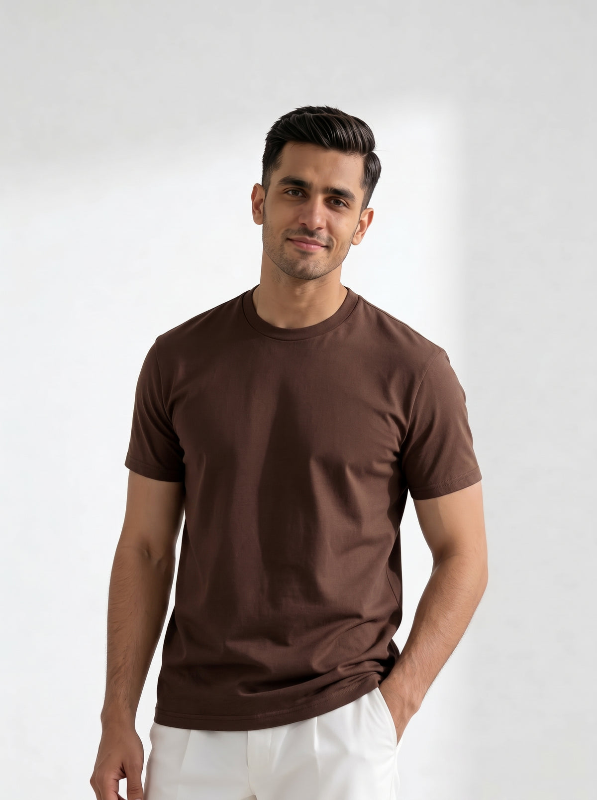 Men’s Crew Neck T-Shirt, 180 GSM Short Sleeve Slim Fit Solid Tee, Light Brown
