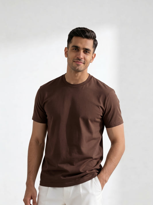 Men’s Crew Neck T-Shirt, 180 GSM Short Sleeve Slim Fit Solid Tee, Light Brown