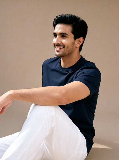 Men’s Crew Neck T-Shirt, Short Sleeve Slim Fit Solid Tee, Navy Blue