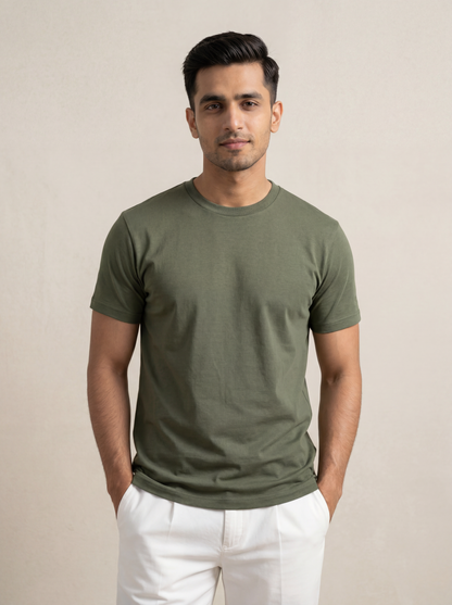 Men’s Crew Neck T-Shirt, Short Sleeve Slim Fit Solid Tee, Military Green